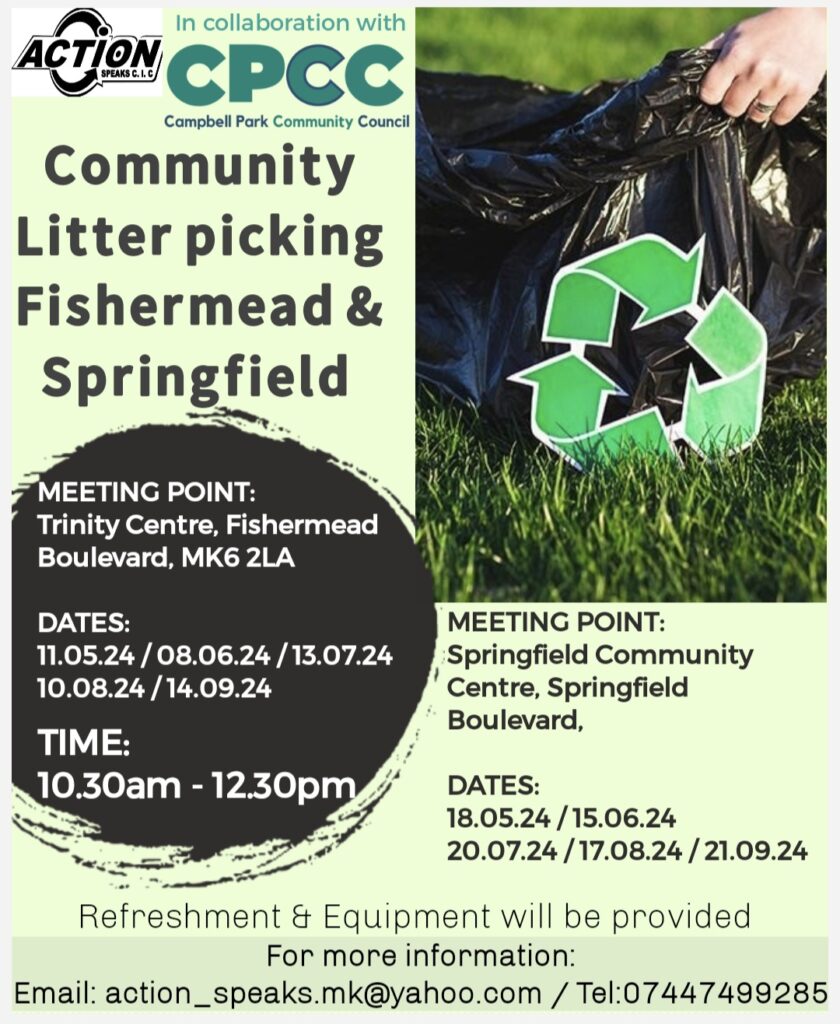 Advert for litter picking sessions in Fishermead and Springfield